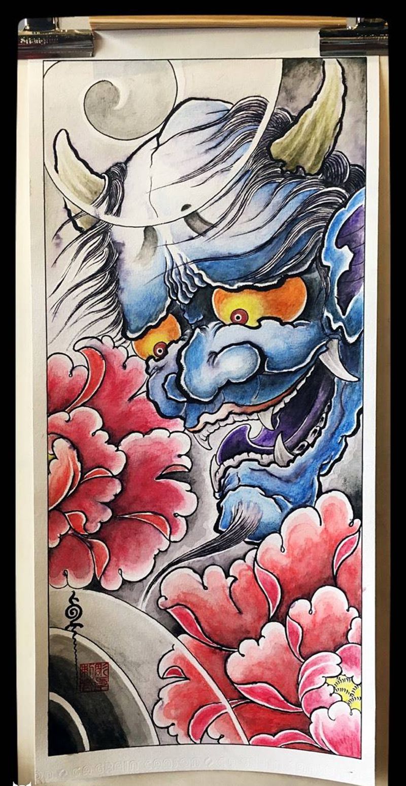 原创手稿水墨般若牡丹纹身图片_手稿传统国画般若牡丹水墨杭州原创纹身图案