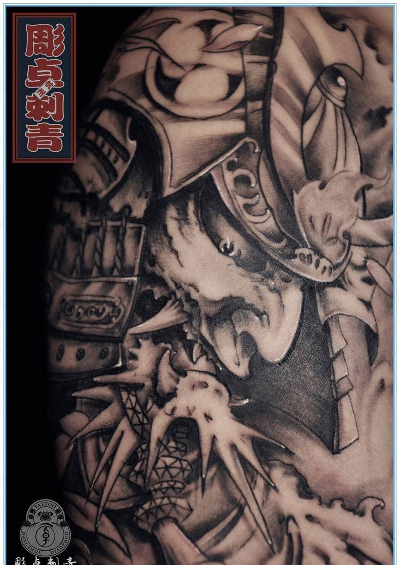 鬼武士纹身图片_成品手臂传统写实鬼神鬼武士纹身图案