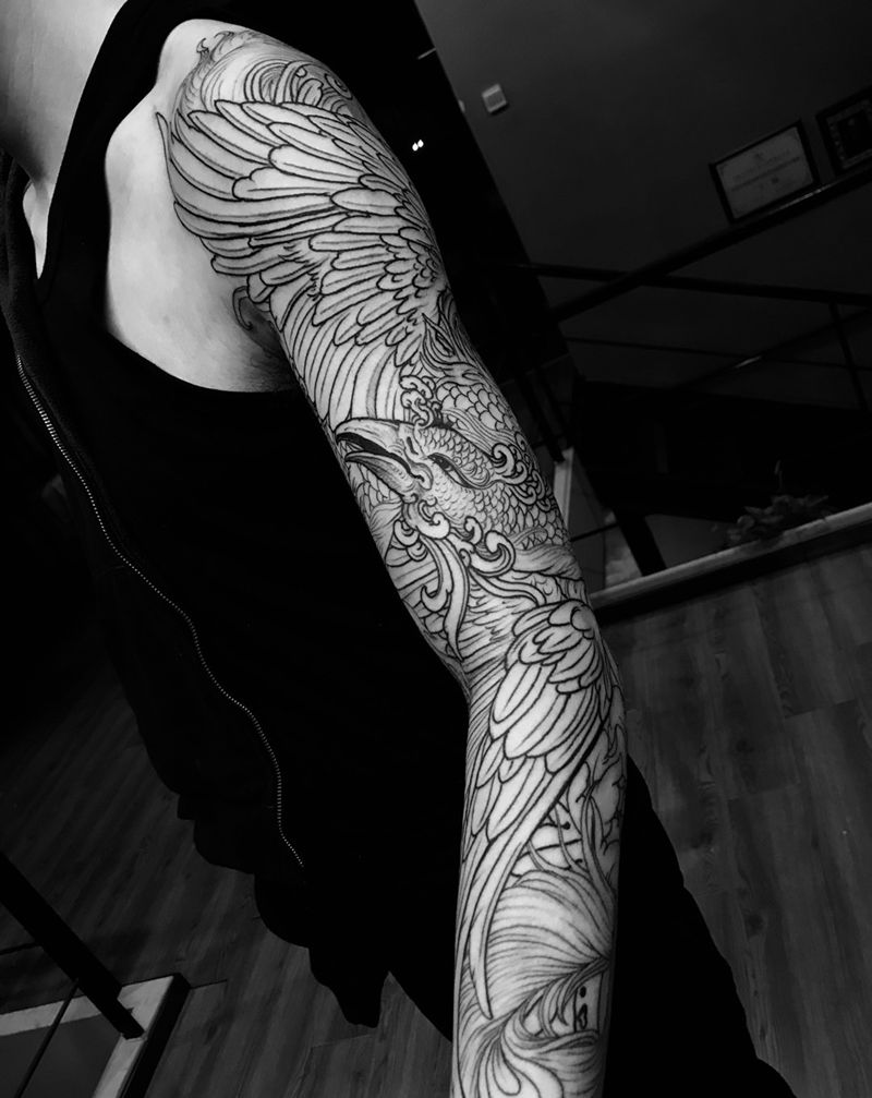 凤凰花臂纹身图片_腰部臀部腿部胸部脚部传统背部手稿插画肩部纹身图案