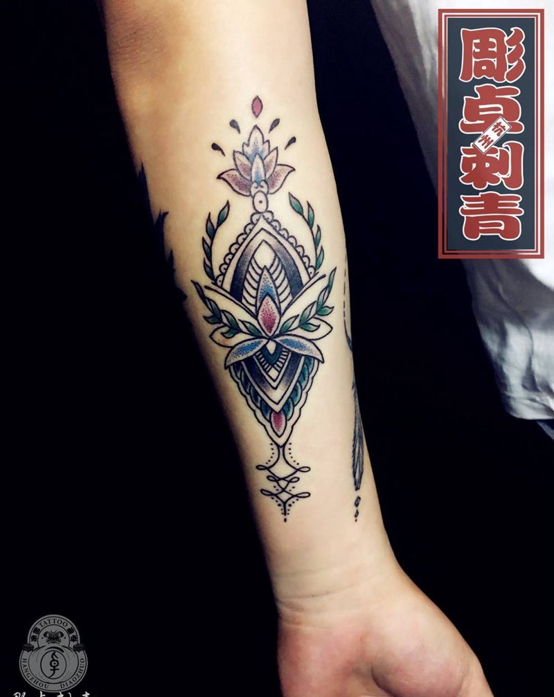 old school花纹身图片_成品欧美清新几何植物school纹身图案