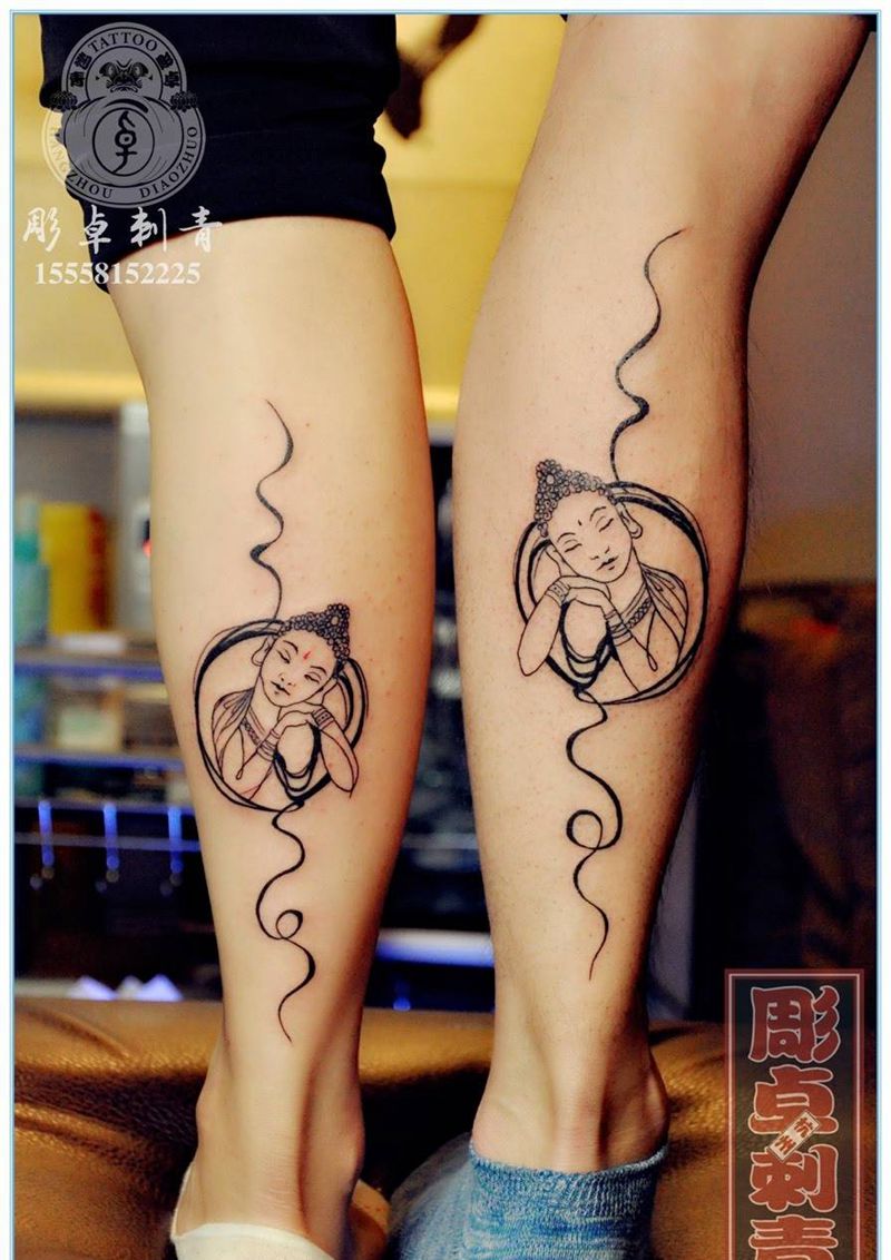 情侣纹身纹身图片_成品腿部传统清新宗教小腿神佛杭州纹身图案