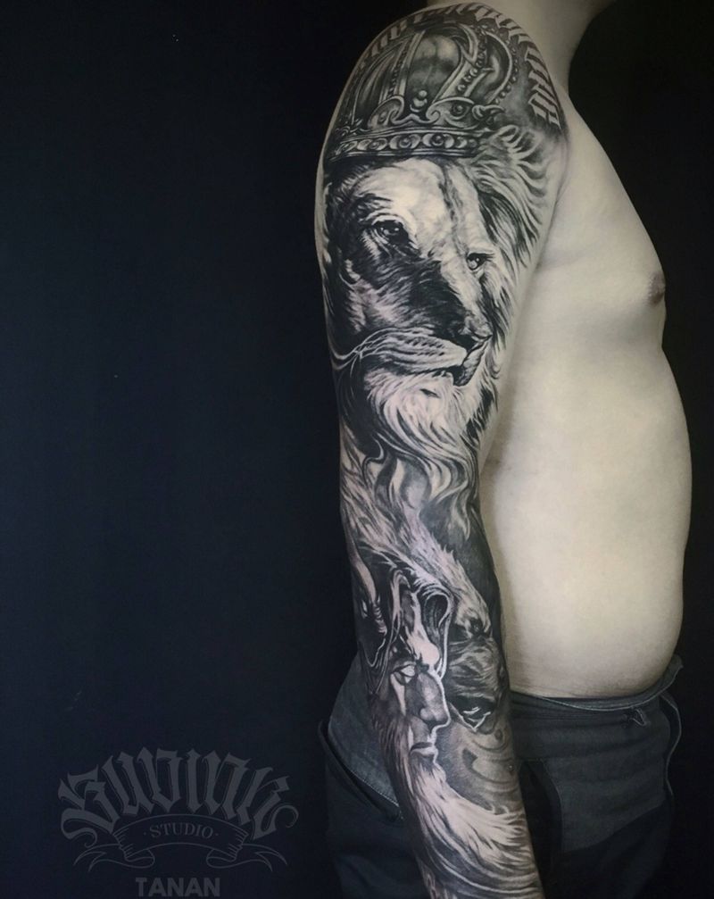 欧美写实 花臂纹身图片_成品手臂写实欧美肖像动物人物纹身图案