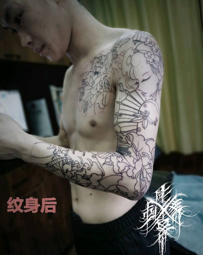 艺妓牡丹花臂半甲纹身图片_手臂胸部新传统花臂半甲艺妓纹身图案