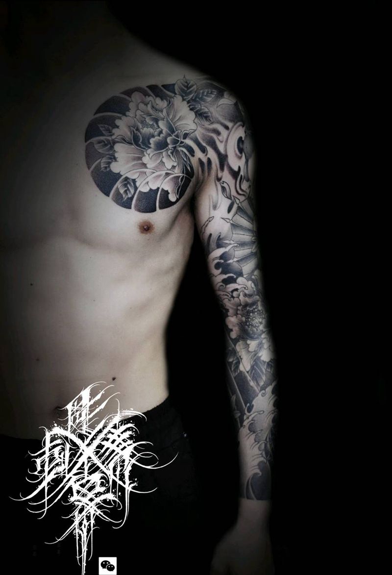 艺妓花臂半甲纹身图片_手臂胸部新传统老传统花臂半甲艺妓纹身图案