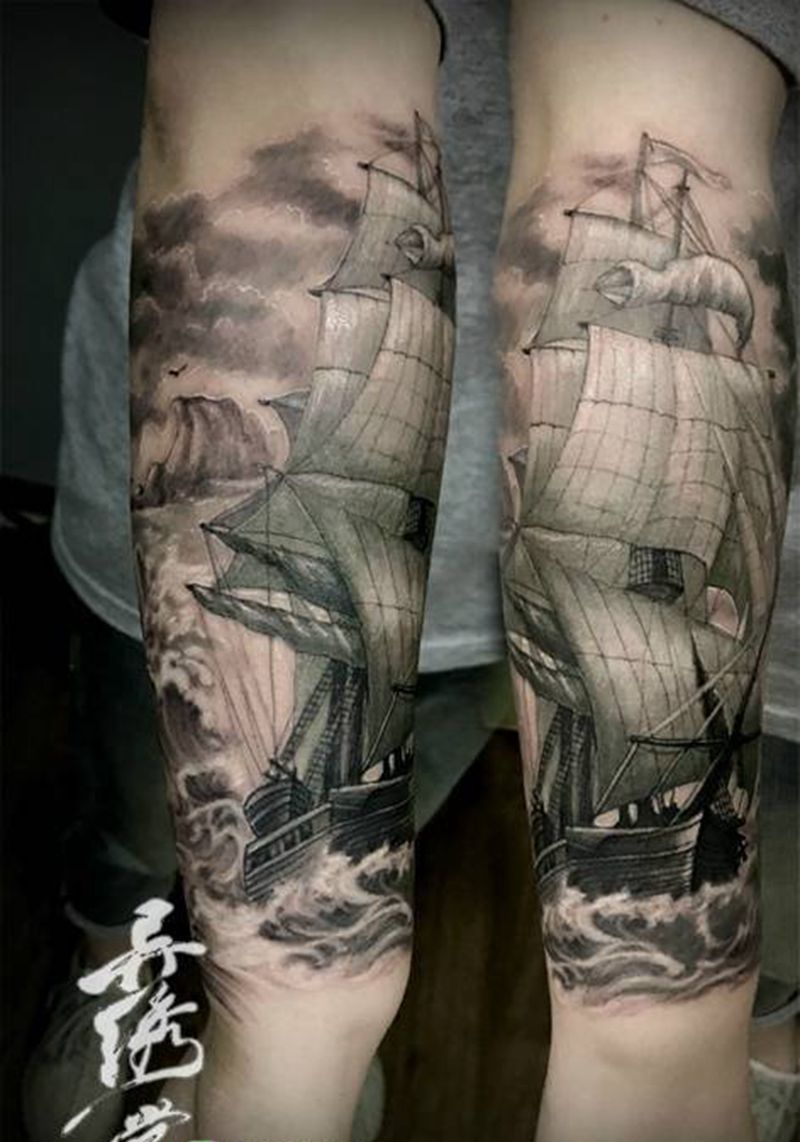 帆船纹身纹身图片_肩部胸部肖像欧美传统几何植物字符静物纹身图案