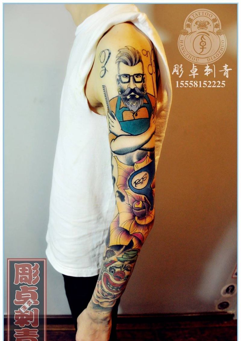 school添加拼接花臂纹身图片_成品手臂欧美花臂Schoo 杭州水墨英文玫瑰毛笔书法纹身图案