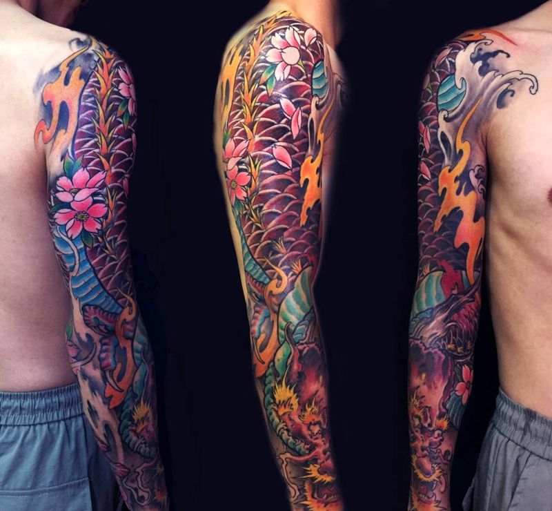 花臂纹身纹身图片_手臂新传统花臂纹身图案