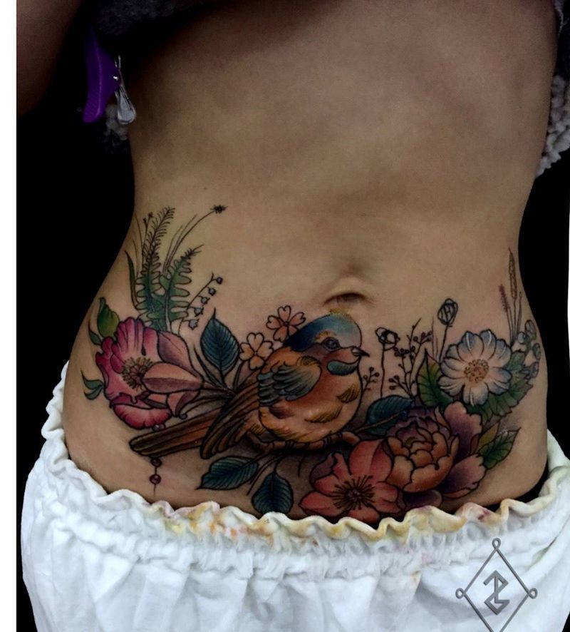 复古风纹身图片_成品腹部欧美清新静物植物动物school纹身图案