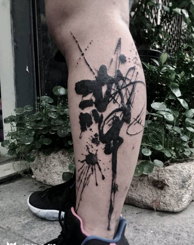 泼墨纹身纹身图片_腿部水墨纹身图案