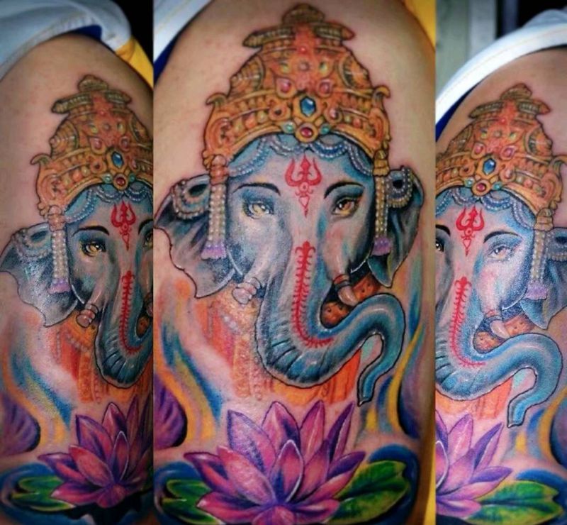 象神纹身纹身图片_手臂老传统象神纹身图案