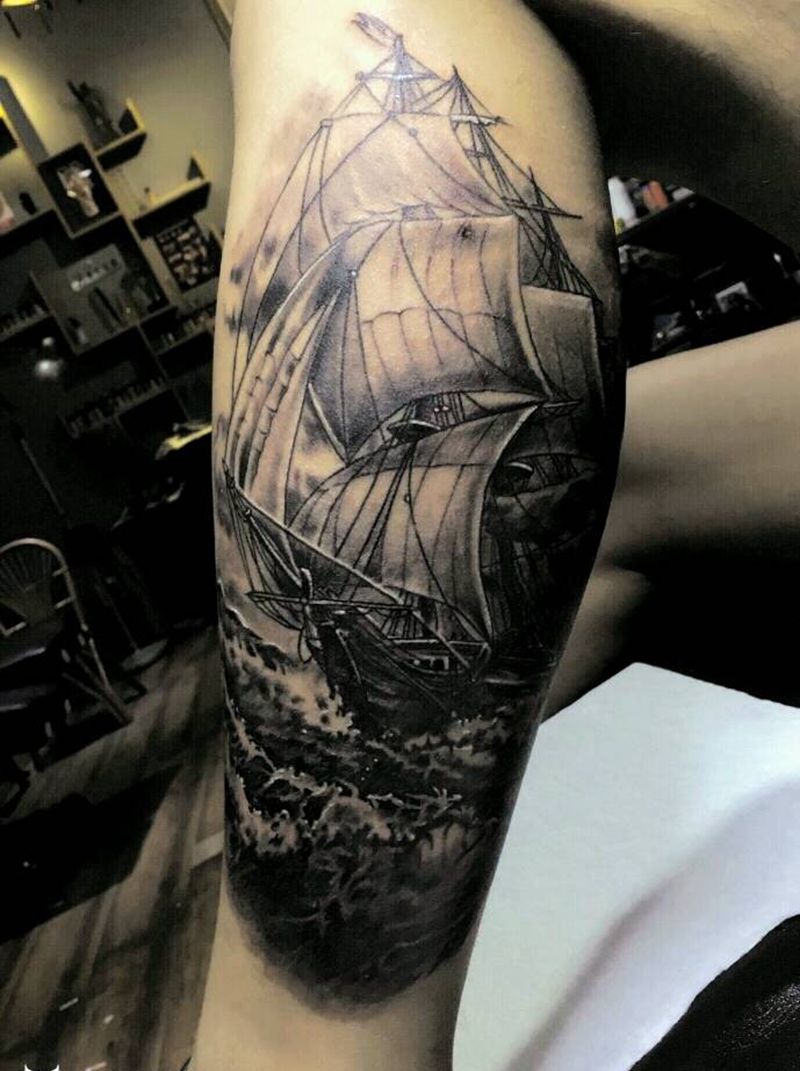 小腿纹身  帆船纹身纹身图片