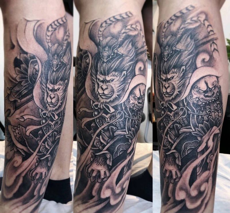 斗战胜佛纹身图片_腿部老传统斗战胜佛纹身图案