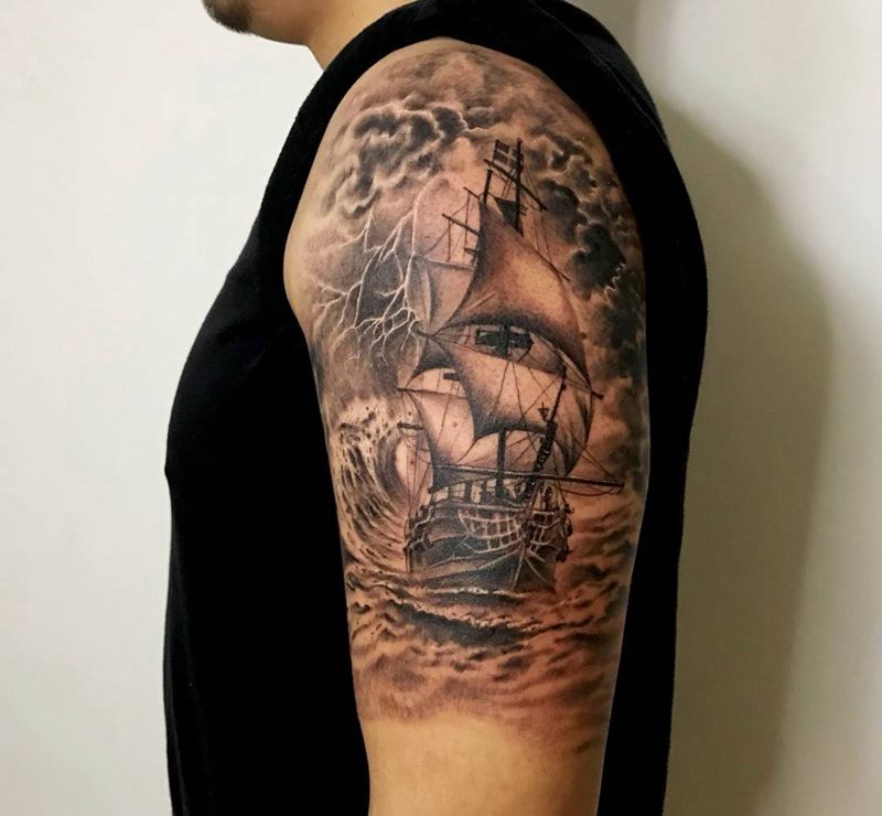 扬帆起航包臂纹身图片_成品手部手臂欧美写实原创静物纹身图案