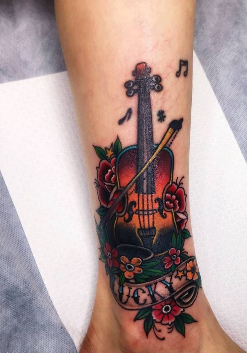 修改纹身   小提琴纹身图片_腿部新传统Old School修改纹身图案