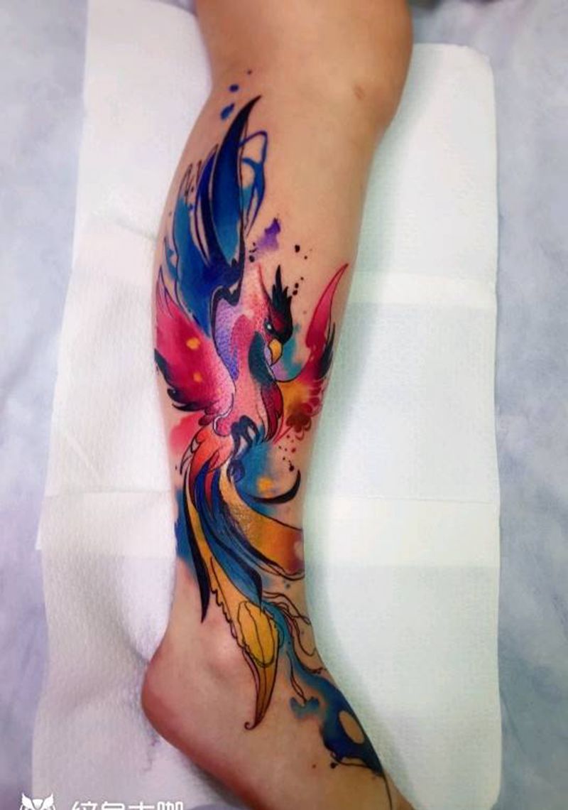 凤凰纹身纹身图片_腿部水彩纹身图案
