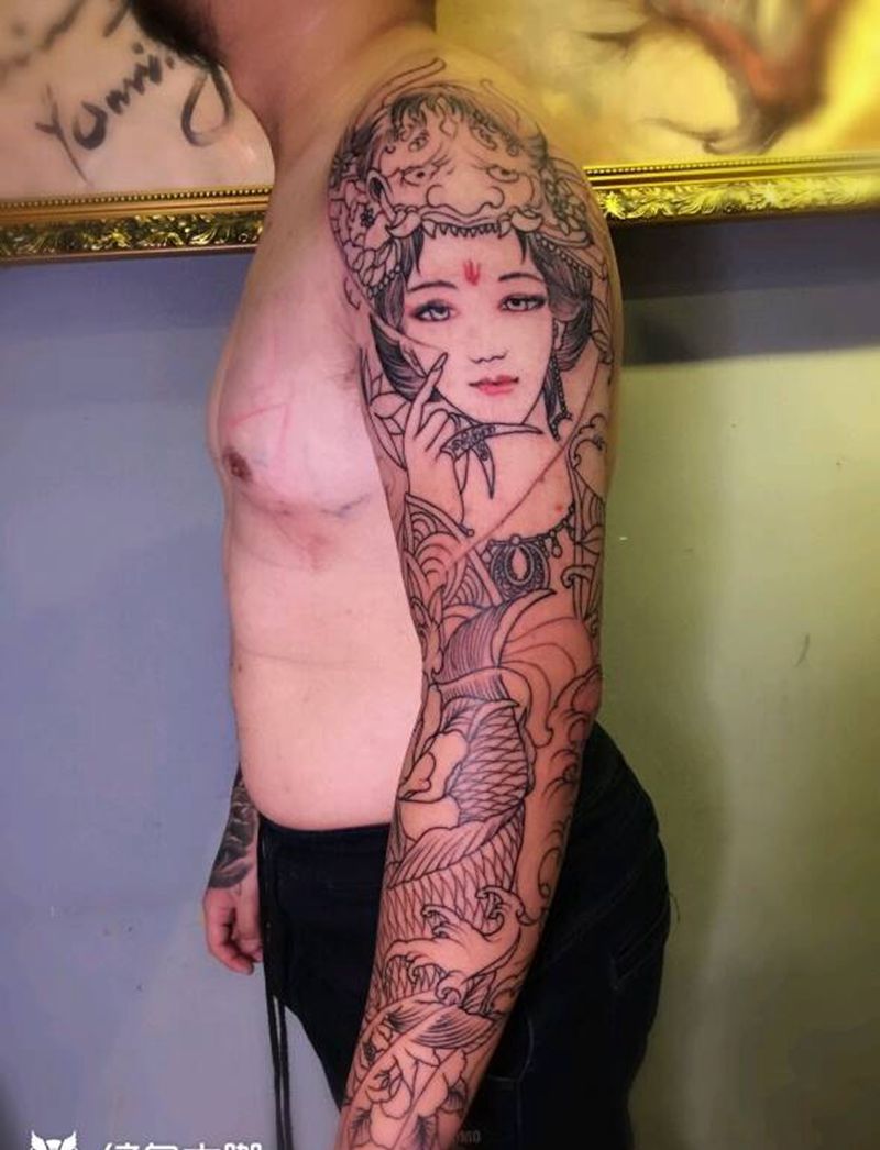 花臂线条完成纹身图片