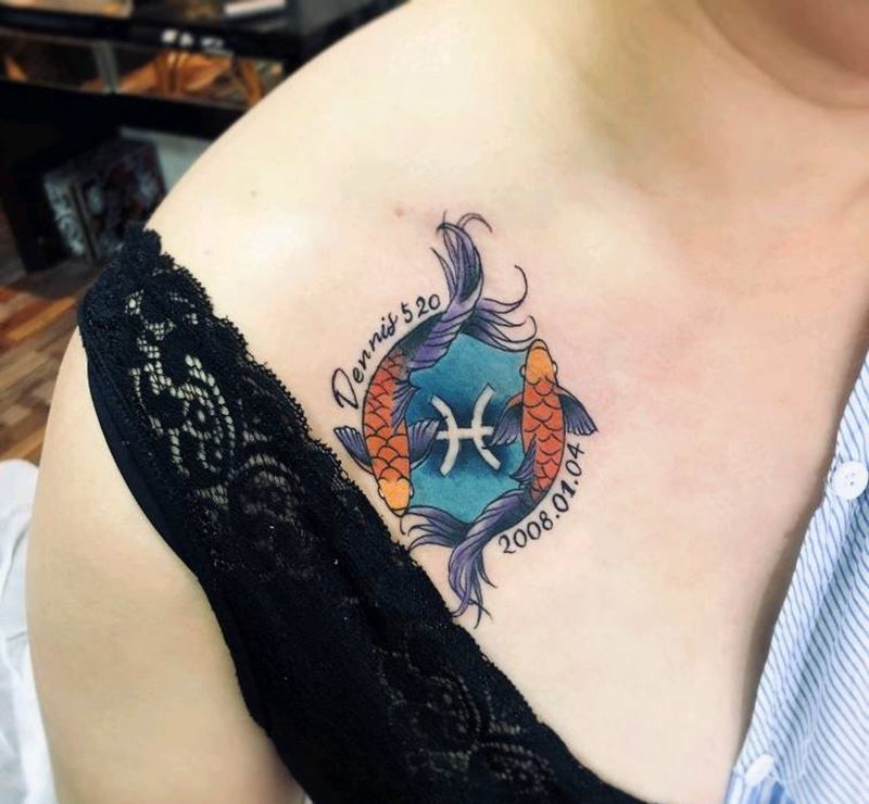 双鱼与金牛的故事纹身图片_胸部纹身图案