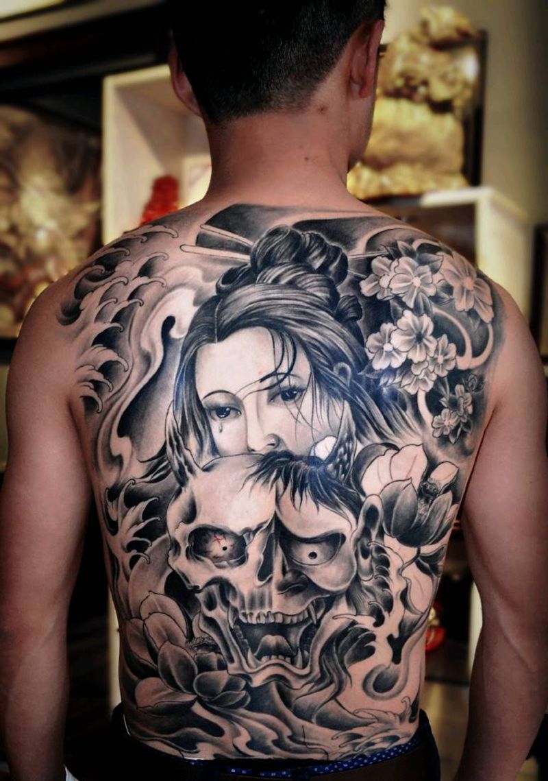 般若   艺妓   满背纹身纹身图片_背部欧美写实纹身图案