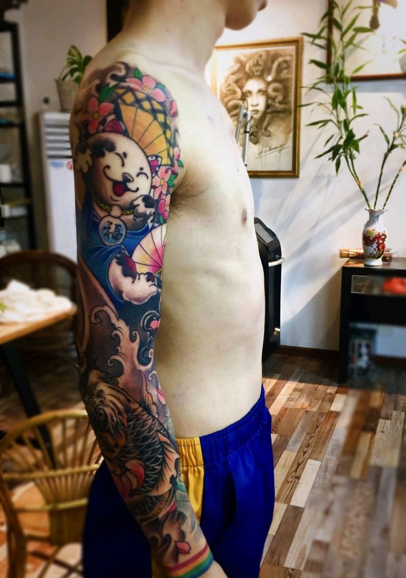 花臂纹身纹身图片_手臂新传统纹身图案