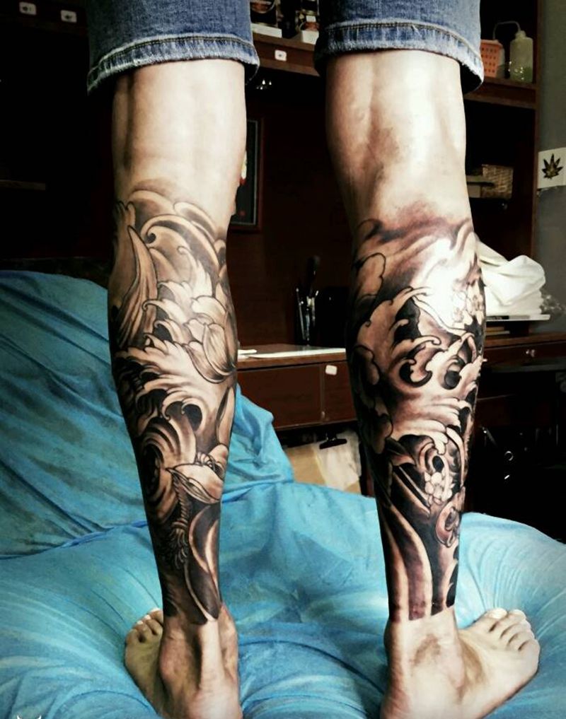 小腿纹身 浪花纹身图片