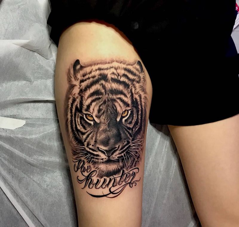 写实老虎-Lisa作品纹身图片_成品腿部欧美写实动物原创纹身图案