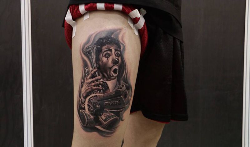 小丑-Lisa作品纹身图片_人物原创欧美写实肖像腿部成品纹身图案