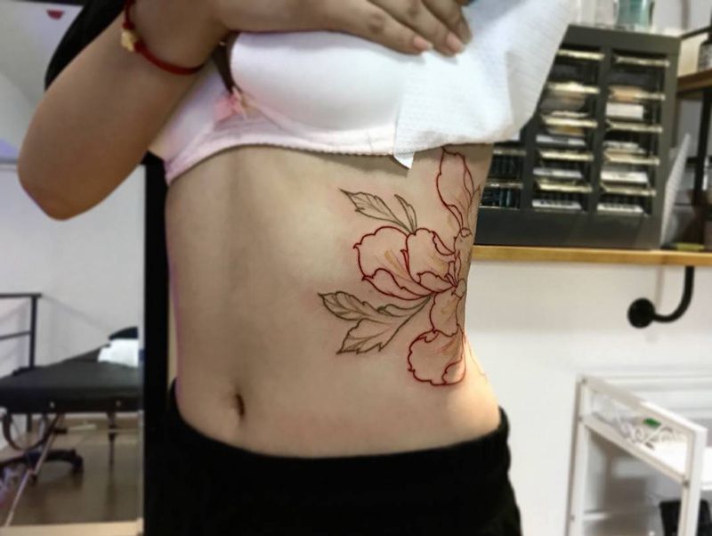 牡丹线条纹身图片_成品腹部腰部欧美传统清新原创植物纹身图案
