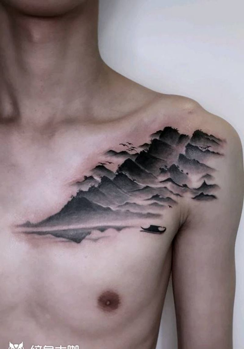 山水纹身    胸前纹身纹身图片_胸部新传统山水纹身图案
