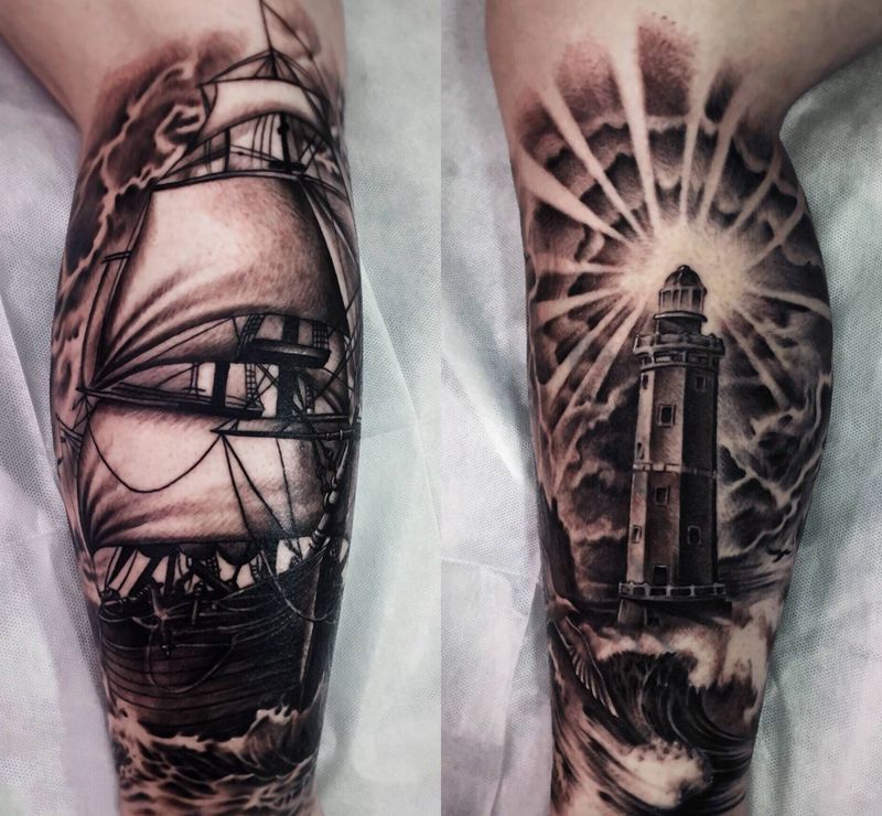 帆船灯塔包小腿纹身图片_腿部欧美写实帆船灯塔纹身图案
