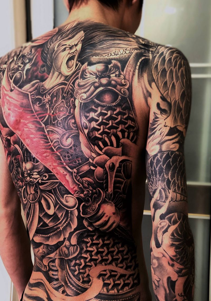 杀神白起纹身图片_背部新传统人物杀神白起武将纹身图案