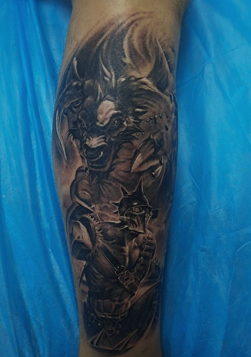万人敌潘森 牛头纹身图片_欧美写实纹身图案
