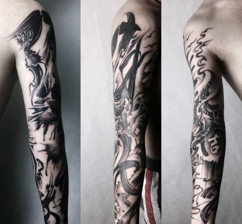 泼墨花臂纹身纹身图片