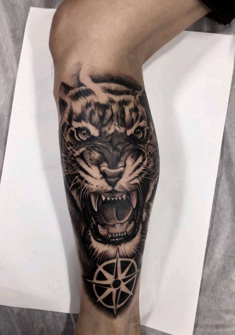 老虎纹身纹身图片_腿部新传统纹身图案