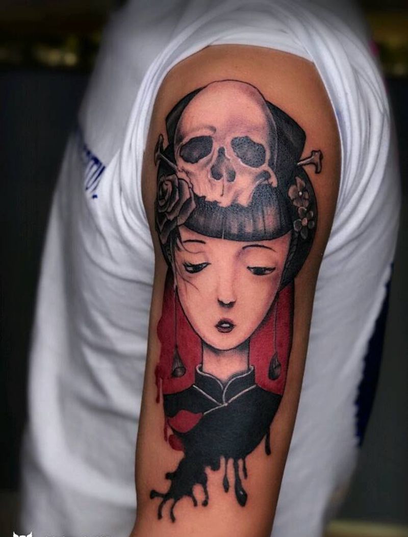 骷髅与艺妓纹身图片