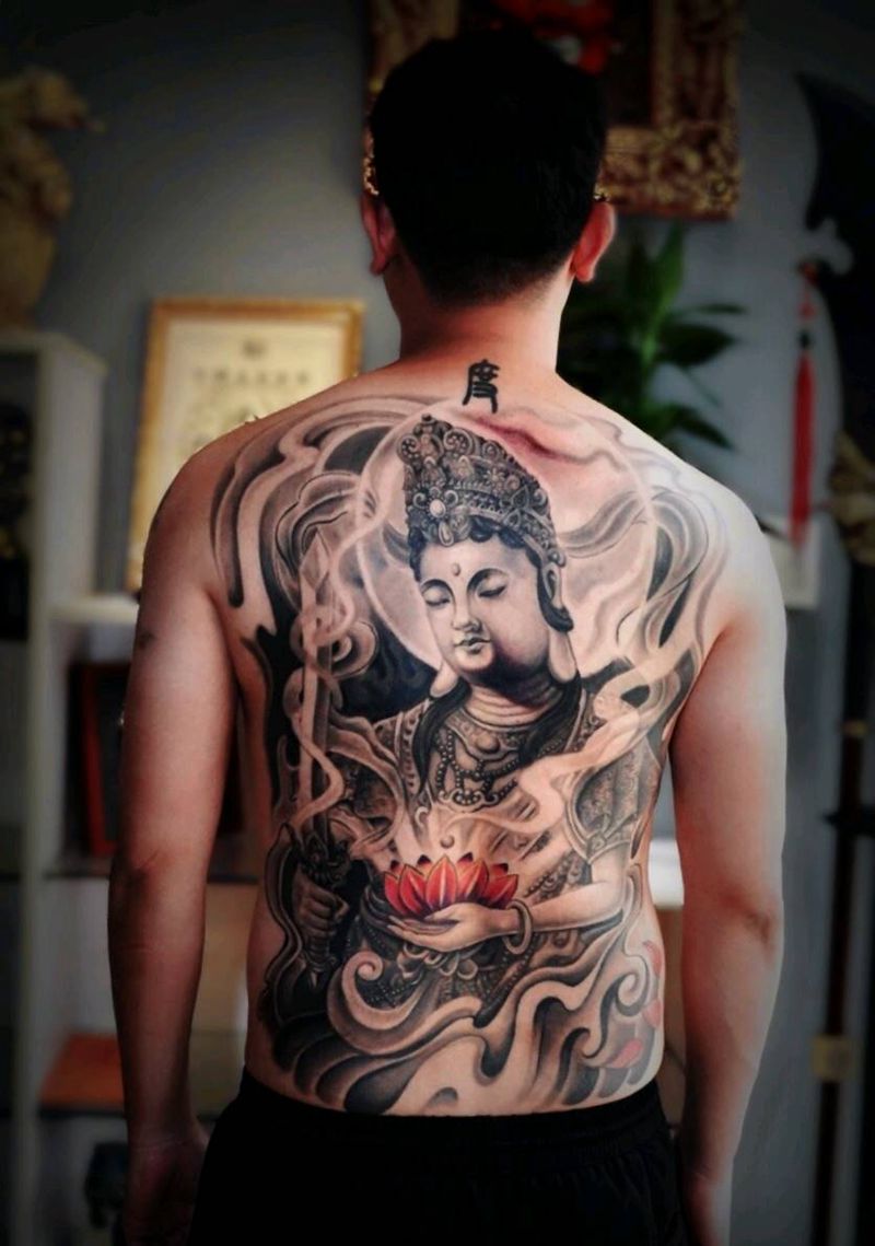 文殊菩萨纹身纹身图片_背部老传统纹身图案
