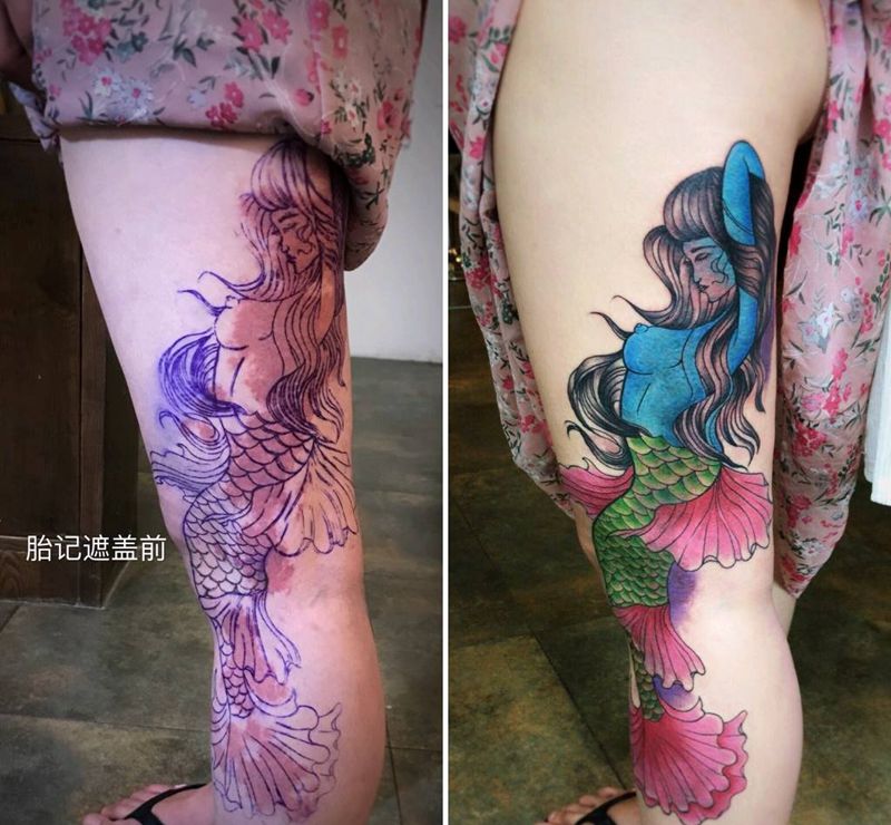 遮盖胎记纹身纹身图片_腿部美人鱼纹身图案