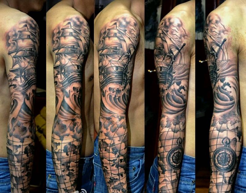 帆船纹身   花臂纹身纹身图片