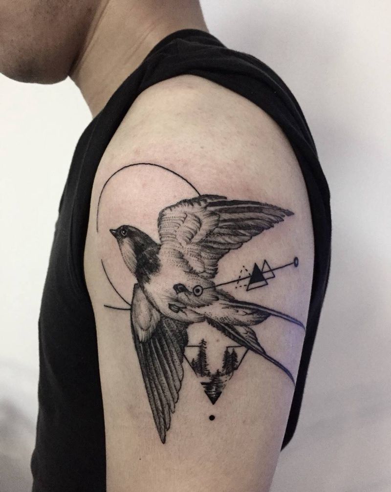 几何燕子纹身图片_成品手臂欧美清新几何动物原创几何抽象纹身图案