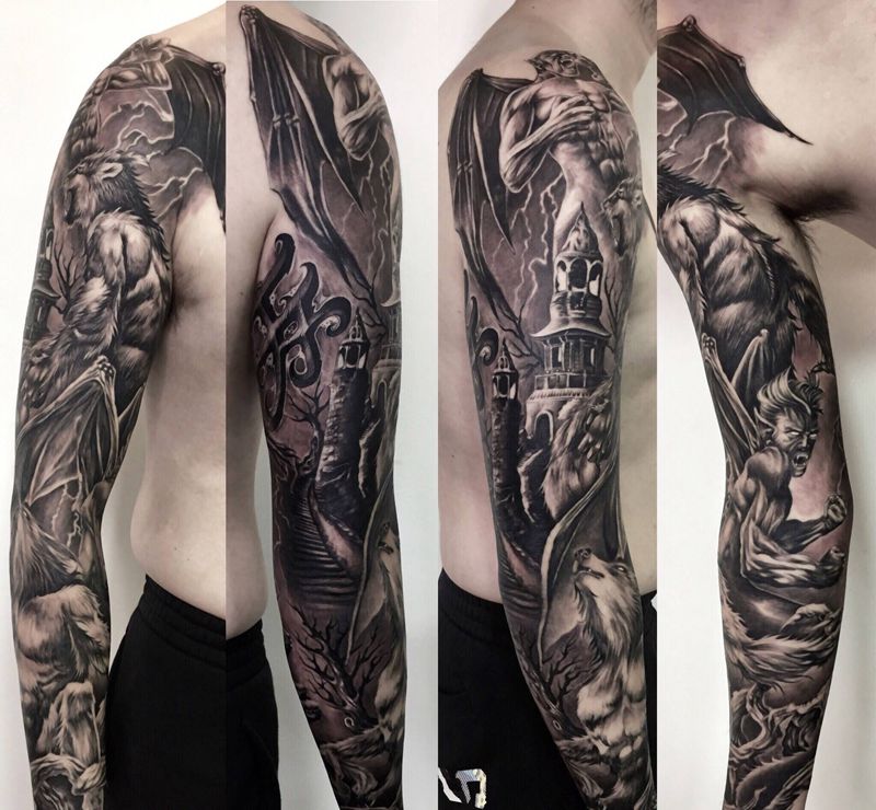 吸血鬼花臂纹身图片_手臂欧美写实吸血鬼纹身图案