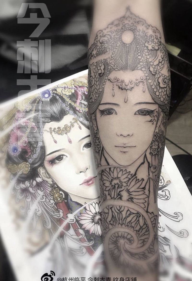 芈月纹身图片_传统人物美女艺妓花臂女神手臂纹身图案