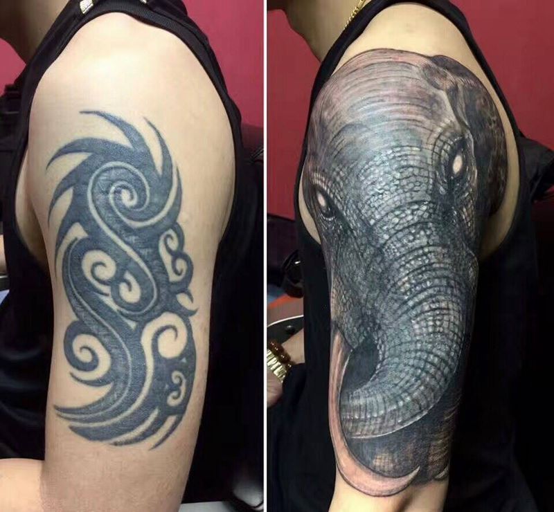 遮盖作品纹身图片_成品手臂传统写实原创遮盖象神纹身图案