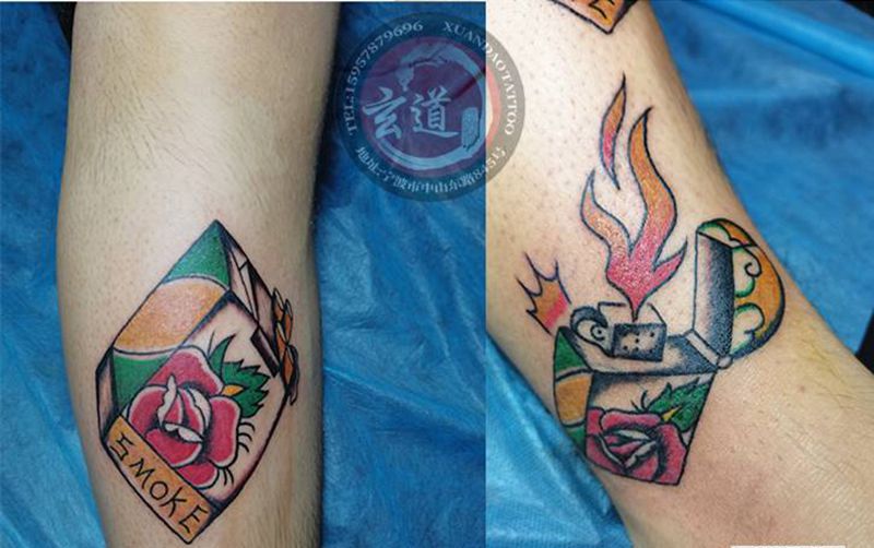 香烟和火机纹身图片_腿部Old School纹身图案
