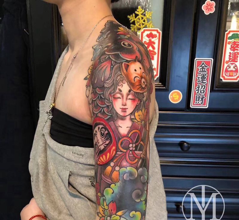 遮盖作品纹身图片_手臂肩部新传统老传统鱼达摩女人纹身图案