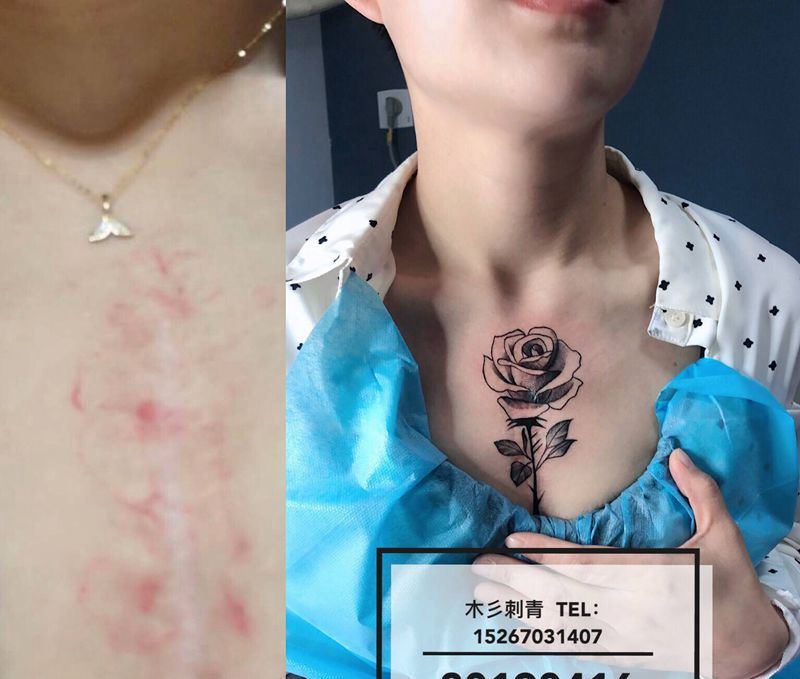 遮盖玫瑰纹身图片_胸部纹身图案