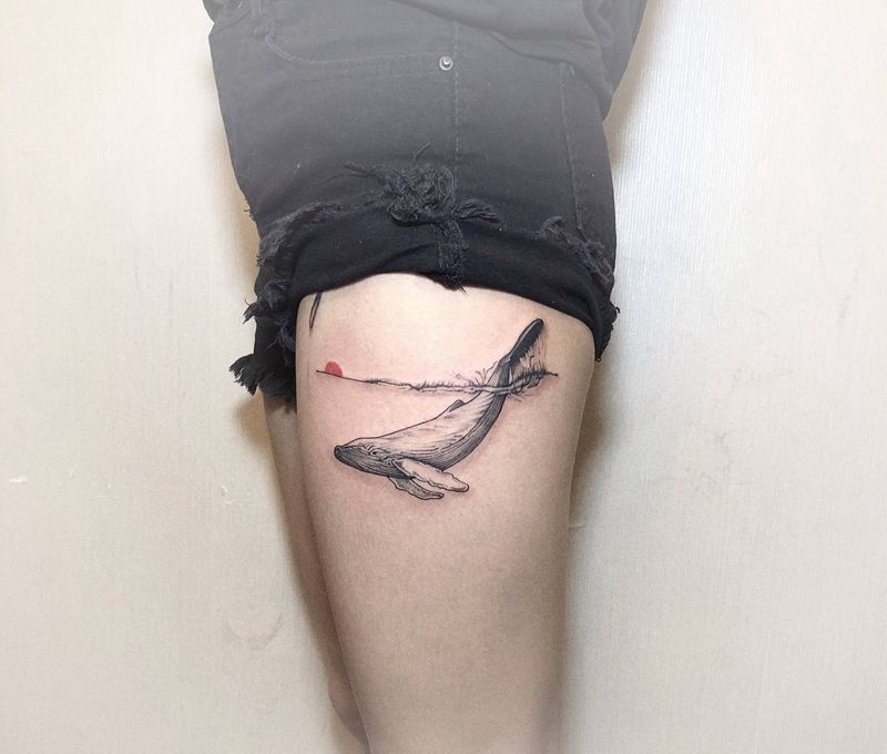 鲸纹身图片_腿部纹身图案