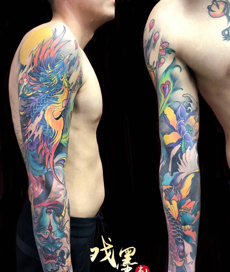 凤凰鲤鱼花臂纹身图片_手臂新传统纹身图案