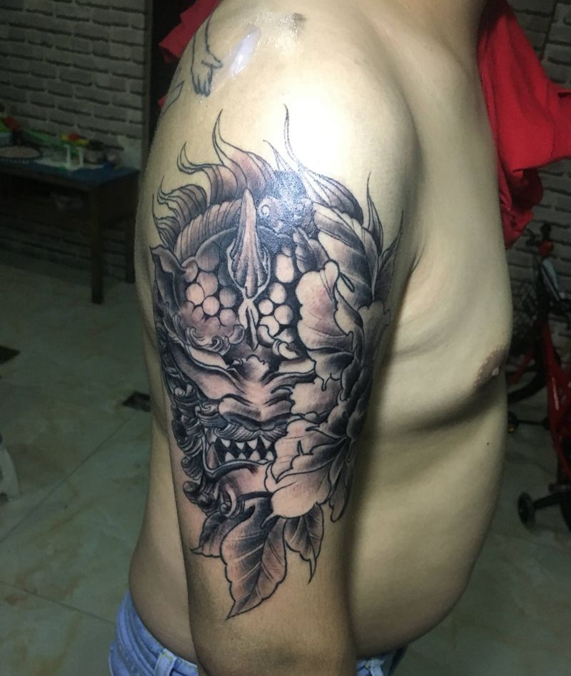 唐狮纹身图片_手臂新传统纹身图案