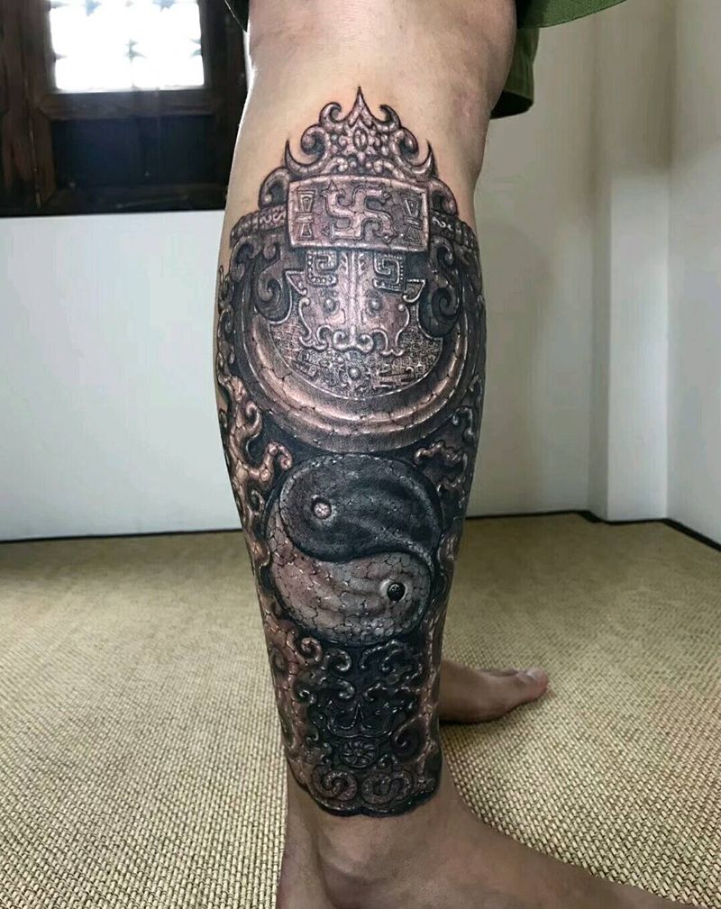 驚駭文物纹身图片_腿部原创成品纹身图案
