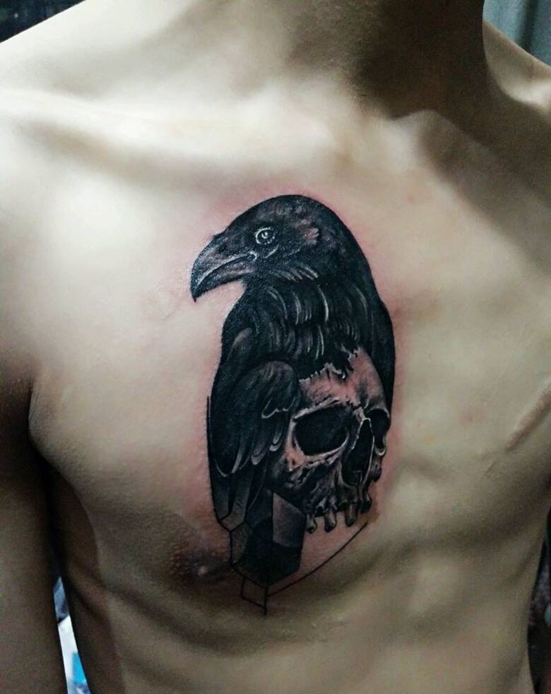 乌鸦的自由纹身图片_胸部欧美几何动物成品纹身图案