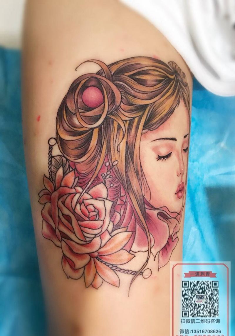 欧美女孩纹身图片_欧美人物植物纹身图案